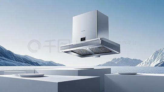 抽油煙機,電商展臺帶花卉元素廚房家電產品高清攝影圖